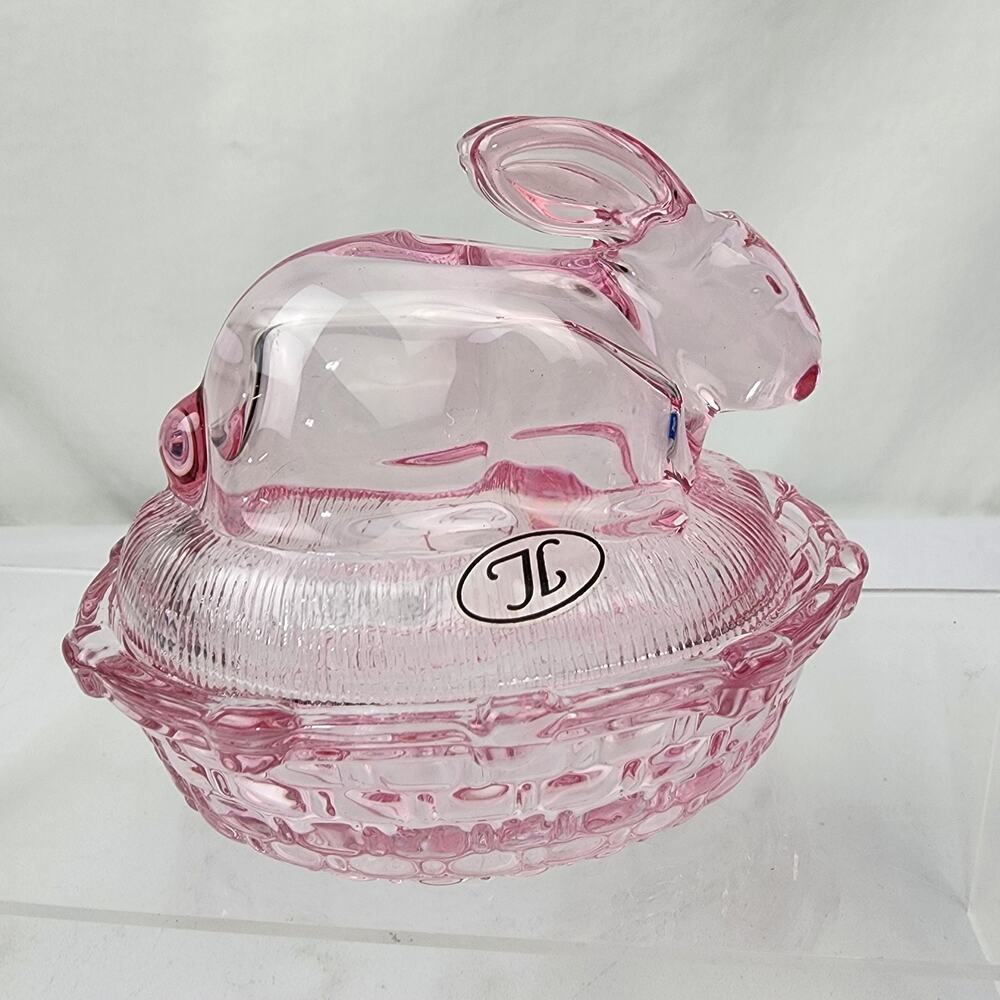 JL Pink Bunny On A Nest Glass Dish with Lid Butter Candy Easter Spring NWT